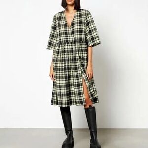 GANNI Seersucker yellow & black check midi dress NWT size 38